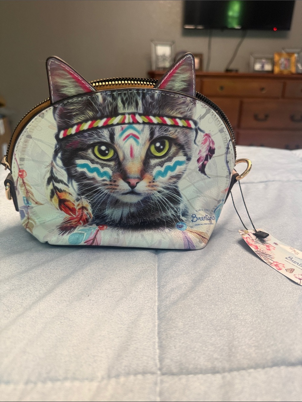 Cat Face Printed Bag with Feather Accents - Multicolor